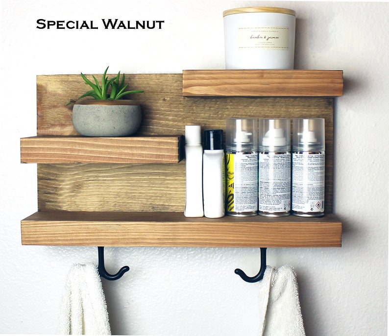 Bathroom Shelf Organizer with Towel Hooks, Modern Farmhouse, Gray Bathroom Wall Decor Storage, Country Apartment Decor Special Walnut
