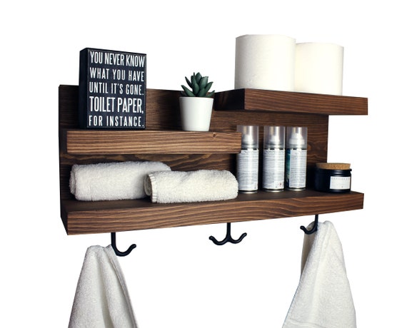 Bathroom Shelf Organizer with Towel Hooks - Modern Farmhouse - 100%  HANDMADE IN USA!!