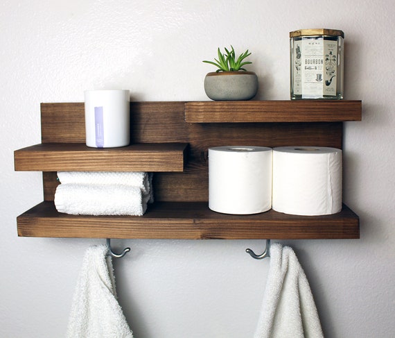 Bathroom Shelf Organizer With Towel Hooks, Modern Farmhouse, Gray