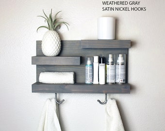 Bathroom Shelf Organizer with Towel Hooks - Modern Farmhouse Decor