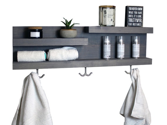 Bathroom Shelf Organizer With Towel Hooks, Modern Farmhouse, Gray