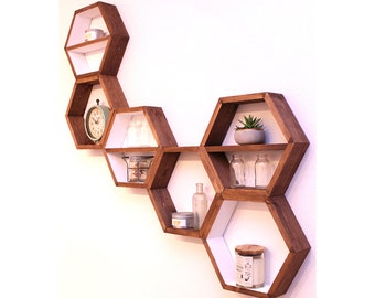 Farmhouse Hexagon Shelves,  Floating Geometric Succulent Shelf, Apartment Wall Storage, Minimalist Rustic Wood, Set of 6 Large