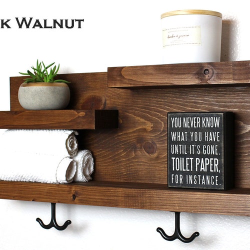 Bathroom Shelf Organizer with Towel Hooks, Modern Farmhouse, Gray Bathroom Wall Decor Storage, shops Country Apartment Decor