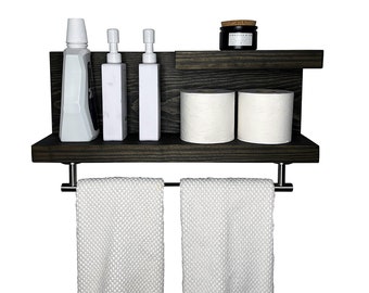 Bathroom Shelf with Modern Towel Bar and Hook - 2 Tier -  Great for Oversized Tall Bottles