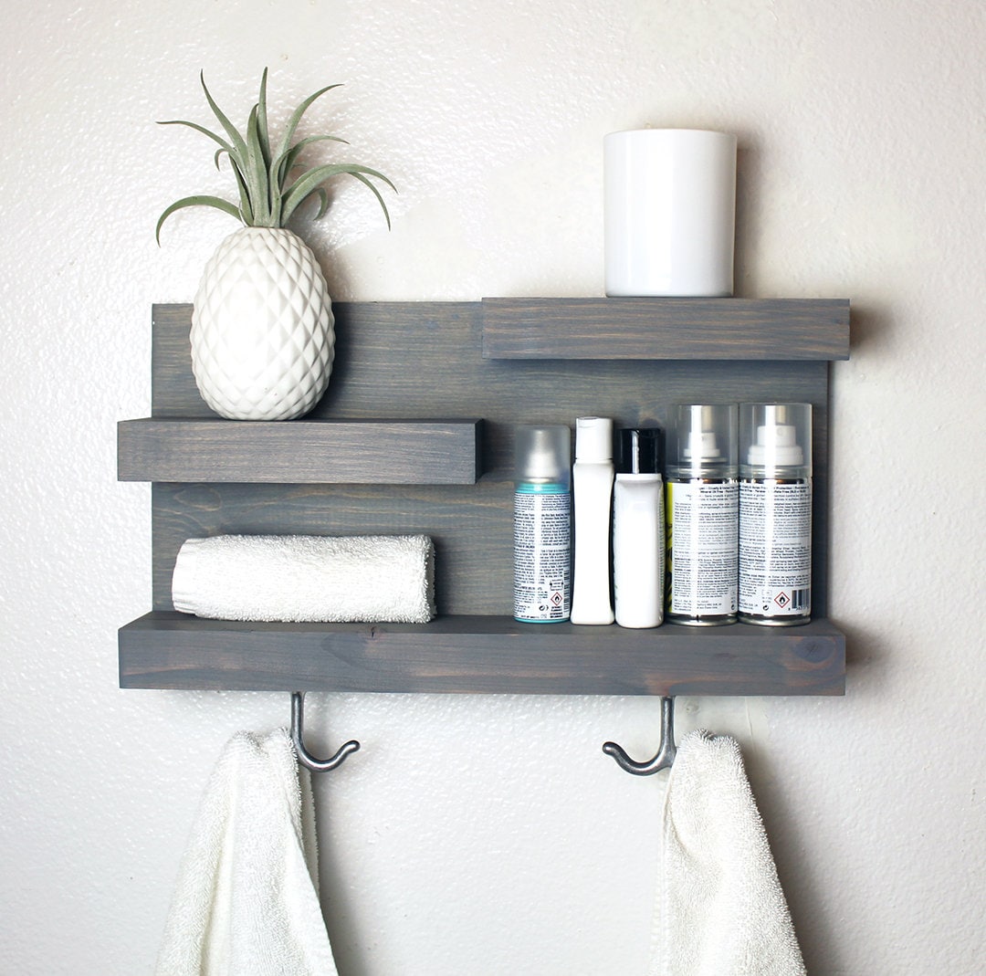 Bathroom Storage Shelf With Towel Hooks, Farmhouse Country Rustic Storage,  Modern Farmhouse, Apartment Decor, Guest Storage 