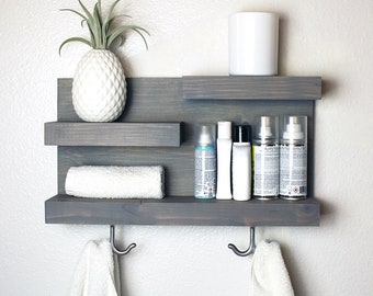 Bathroom Shelf Organizer with Towel Hooks, Modern Farmhouse, Gray Bathroom Wall Decor Storage, Country Apartment Decor