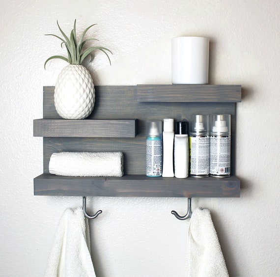 Bathroom Shelf Organizer with Towel Hooks - Modern Farmhouse - 100%  HANDMADE IN USA!!