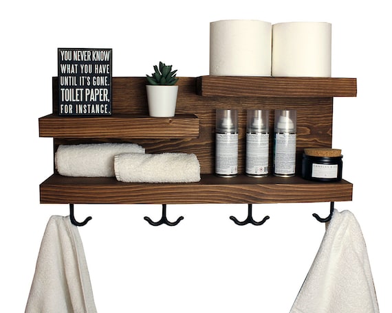 Bathroom Storage Shelf Organizer With Bronze Towel Hooks