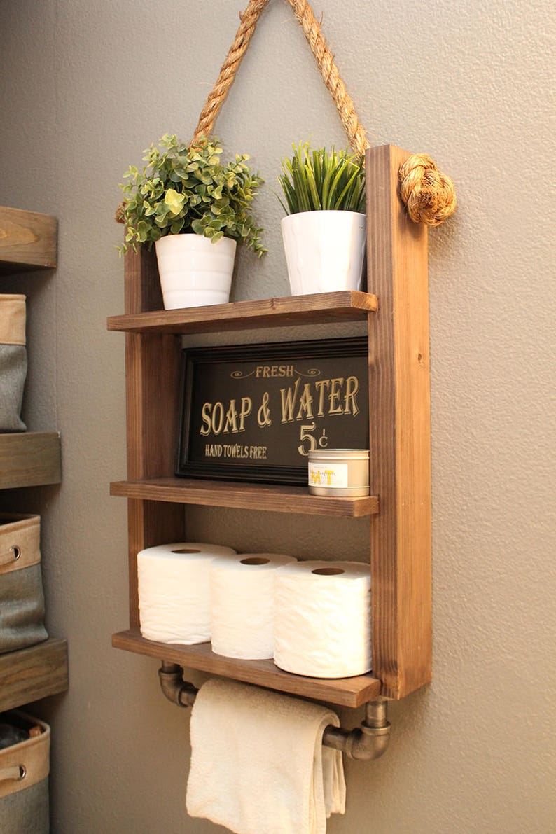 Farmhouse Bathroom Storage Shelf Decor with Industrial Towel Bar Rustic Wood Rope image 2