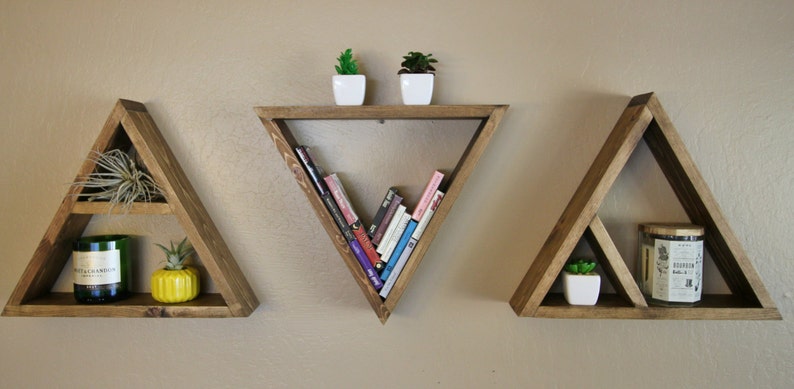 Triangle Shelf, Wall Mounted Modern Geometric Shelves, Wood Pyramid Floating , Plant Stand, Succulent Garden Set of Three image 2