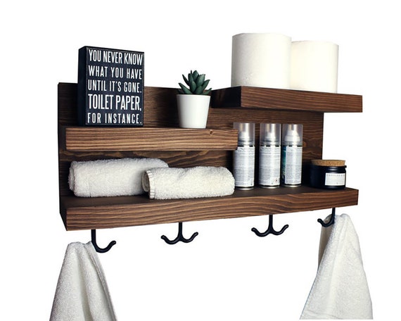 Bathroom Storage Shelf With Towel Hooks, Farmhouse Country Rustic Storage,  Modern Farmhouse, Apartment Decor, Guest Storage 