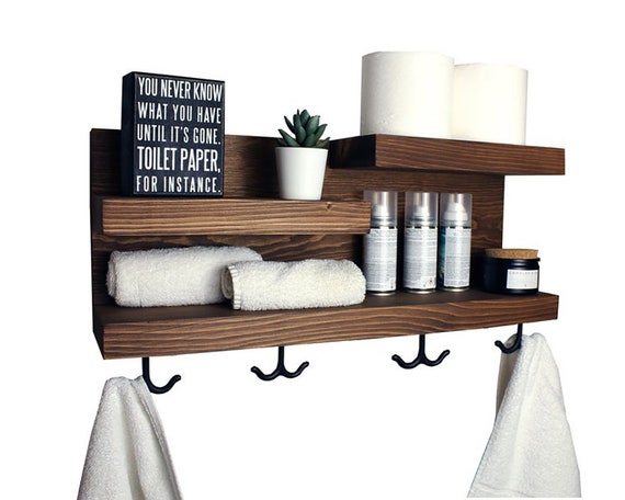 Bathroom Storage Shelf Organizer With Bronze Towel Hooks
