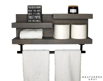 Bathroom Shelf with Modern Towel Bar and Hook, Farmhouse Country Rustic  Storage, Modern Farmhouse, Apartment Decor