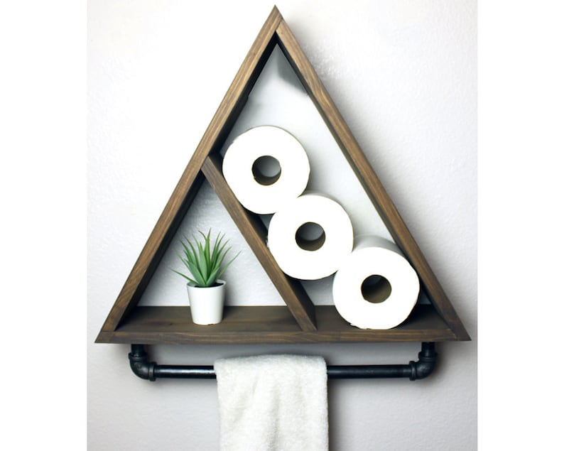 Triangle Bathroom Shelf with Industrial Farmhouse Towel Bar, Geometric Country Rustic Storage, Modern Farmhouse, Apartment Dorm Decor 画像 1