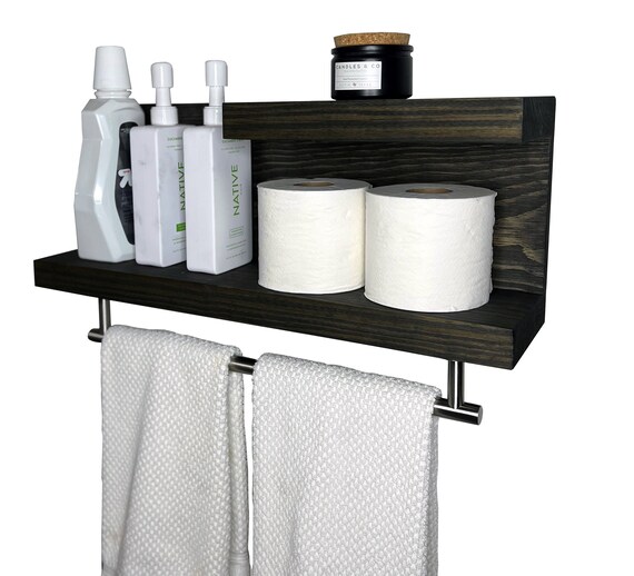 Bathroom Shelf Organizer With Towel Hooks, Modern Farmhouse, Gray