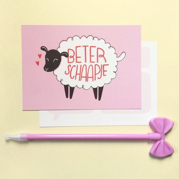 BETERSCHAAPJE poscard with sheep | Get well soon! | Dutch funny pun greeting card, beterschap | A6 mini print
