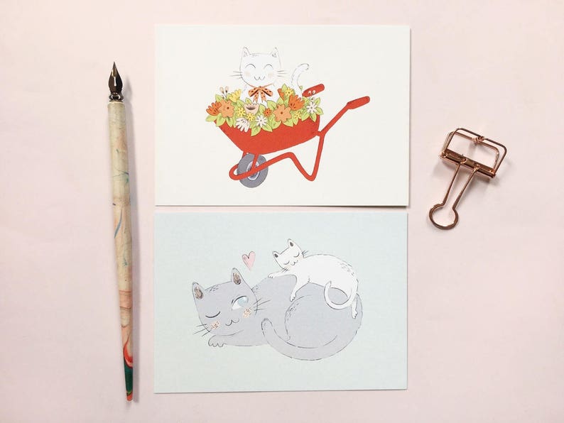 snailmail Postcard with cute cat in a wheelbarrow with flowers greeting card kitty happy mail floral A6 mini print