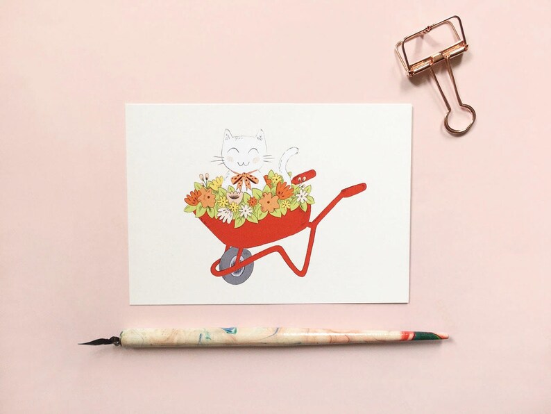 snailmail Postcard with cute cat in a wheelbarrow with flowers greeting card kitty happy mail floral A6 mini print