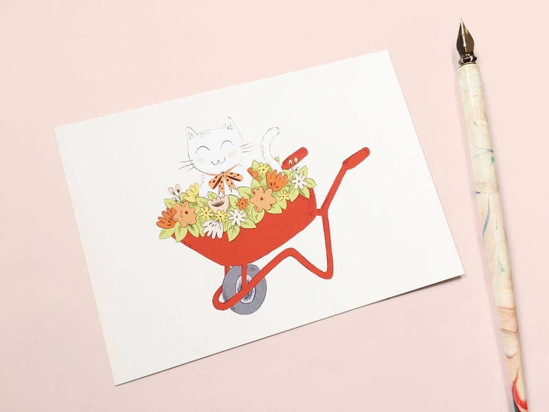 snailmail Postcard with cute cat in a wheelbarrow with flowers greeting card kitty happy mail floral A6 mini print