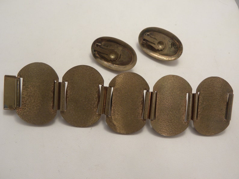 Vintage Art Deco Topaz Stone Wide Ornate Goldtone Bracelet Earring Set