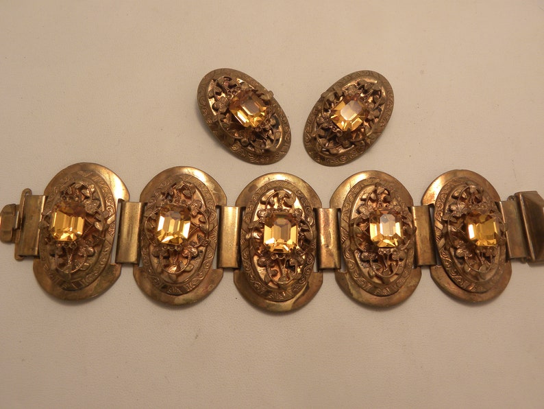 Vintage Art Deco Topaz Stone Wide Ornate Goldtone Bracelet Earring Set