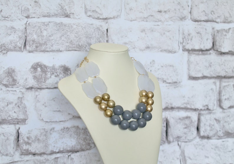 Gray and Gold Beaded Statement Necklace Jewelry Huge Chunky Etsy