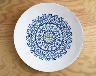White Blue Mandala, ceramic plate, shabby chic plate, wall art object, Fine Ceramic Art,  lace pottery decor, new home gift, birthday gift