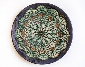 green gold black ceramic mandala plate, new home gift, decorative wall art object