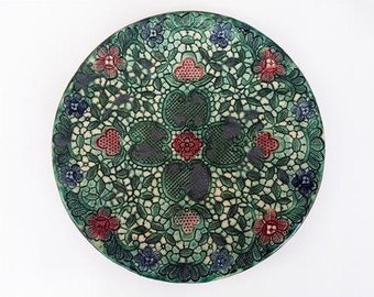 collectibles art green red flowers mandala, unique wall decor, modern art pottery