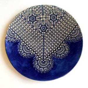Blue wall art ceramic plate, unique new home gift, fine ceramic art object,