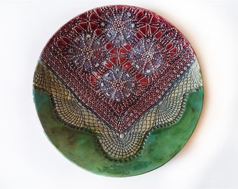 Red Green ceramic art object plate for wall hangings, lace pottery home decor gift