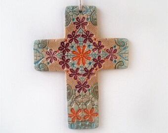 Baptism Cross, Wall Boho Decor, Christening Gift, hand painted cross, first communion, wall cross, ceramic cross, Christian gifts, baby gift