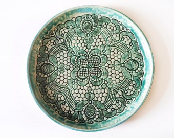 green bohemian lace ceramic tray, house warming gift, decorative lace imprint pottery platter