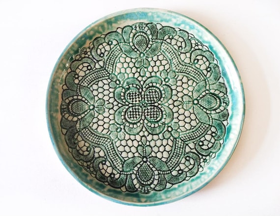Green Bohemian Lace Ceramic Tray, House Warming Gift