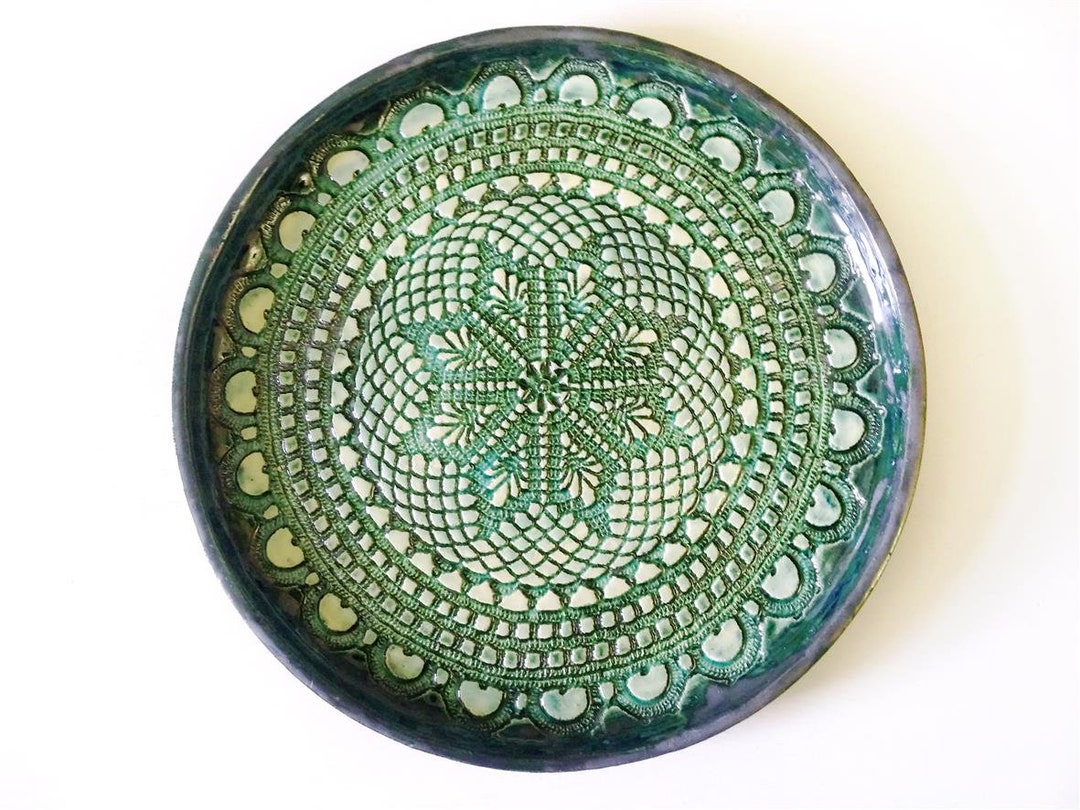 Green Ceramic Tray, Lace Pottery Tray, Decorative Platter, Home Decor Gift, Art Designer Tray