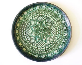 Green Ceramic Tray, Lace Pottery Tray, decorative Platter, Home Decor Gift, Art Designer Tray, unique home gift, Christmas Decor