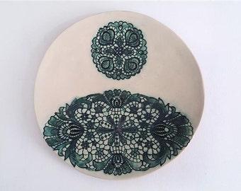 ceramic art object, wall home decor, new home gift, emerald green plate, wall lace pottery, boho art decor, collectibles ceramic