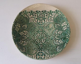 green ceramic plate, Ceramic Wall Art, gift for home decor, ceramic wall hanging, wall art sculpture, lace home decor, shabby ceramic plate