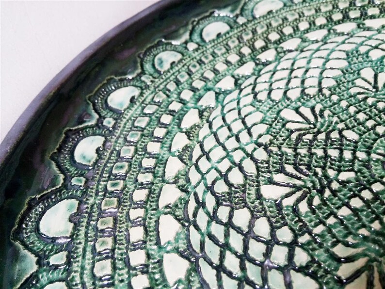 Green Ceramic Tray Lace Pottery Tray Decorative Platter Etsy