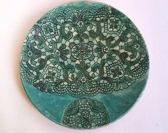 emerald green wall art ceramic plate, boho home decor, modern art pottery, housewarming gift, wall sculpture, lace pottery, birthday gift