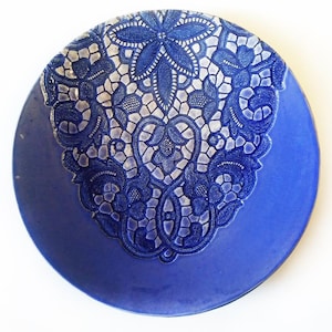 blue ceramic art plate, wall lace pottery, fine art ceramics, clay modern art, interior decor, new home gift, author's ceramics
