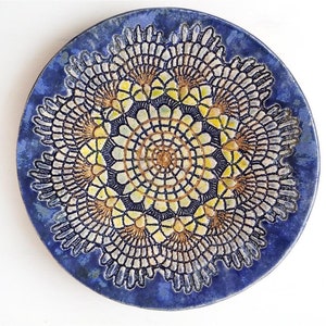 Mandala Art Ceramic, blue yellow plate, wall ceramic plate, new home gift, wall art home decor, collectable pottery,