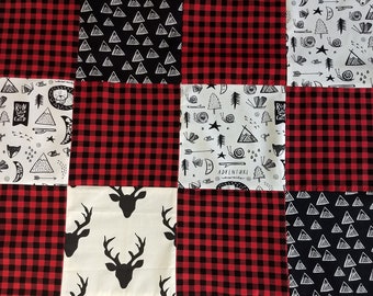 Red Black Buffalo Plaid Woodland Lumber Jack Quilt- one of a kind- Custom Baby Boy Bedding-Patchwork Baby Toddler Quilt-Buck Deer, Arrow,