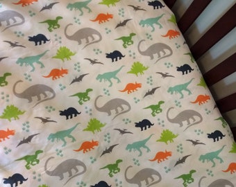 Fitted Crib/ Toddler Sheet -Dinosaur - Custom Baby Bedding - baby shower baby gift- Navy Orange Green Blue Gray Dino Nursery