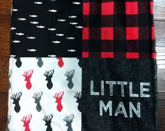 Baby Boy Minky Lovey Blanket- Lumberjack, Woodland, Buck,  Fish, Little Man, Black Red Check, baby boy lovey