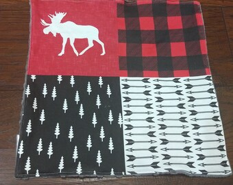 Baby Boy Organic Cotton Knit & Minky Lovey Blanket- Lumberjack Woodland Red black gray Moose Arrow  Buffalo plaid Tree baby boy lovey