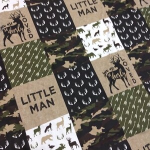 Baby Boy Minky Blanket So Dearly Loved Camo Buck Little Man Antler Hunter Green Brown baby boy whole cloth minky blanket minkee blanket image 3