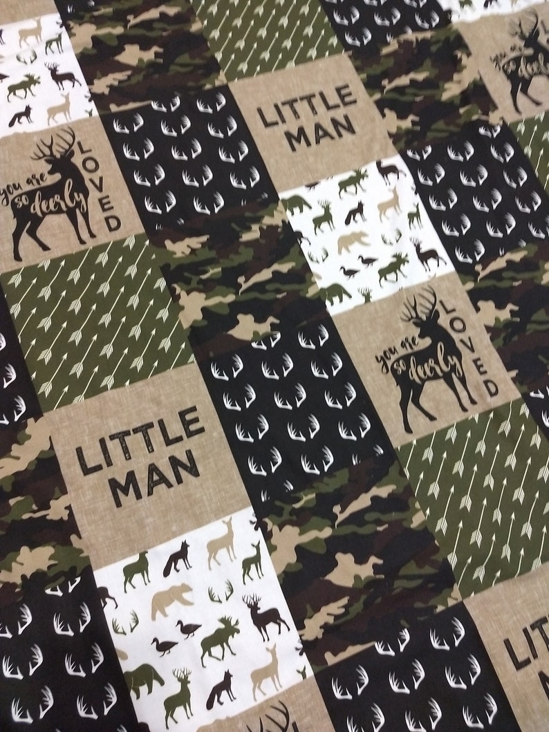 Baby Boy Minky Blanket So Dearly Loved Camo Buck Little Man Antler Hunter Green Brown baby boy whole cloth minky blanket minkee blanket image 3