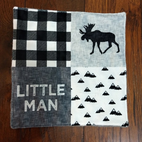 Baby  Minky Boy Lovey - Black and white patchwork blanket - little man - moose - mountain - plaid check - baby boy shower gift