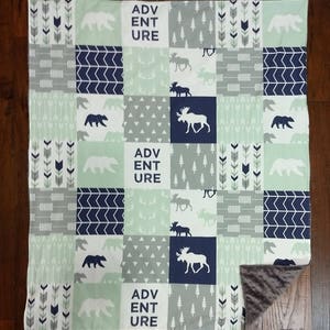 Baby Boy Navy Mint Gray Minky Blanket- Woodland Moose Bear Arrow Adventure Lodge baby Boy patchwork blanket minkee blanket